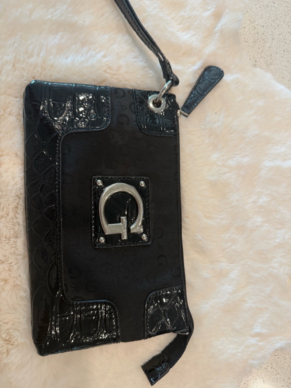 Guess Black Patent Accent Wristlet Clutch with Silver Logo